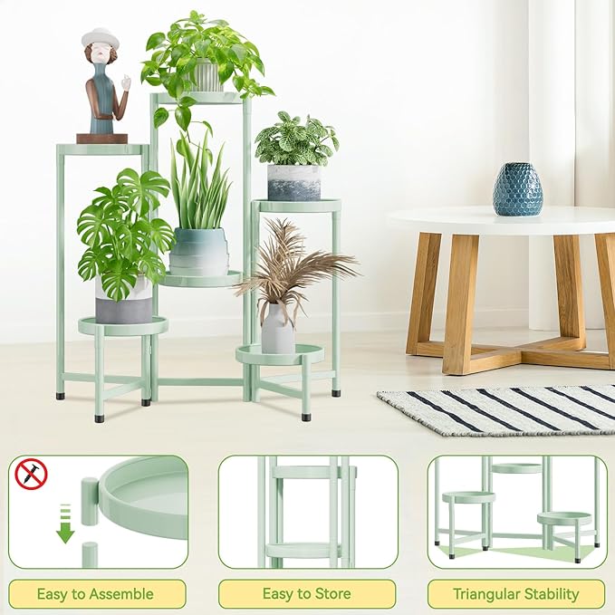 iDavosic.ly Plant Stand Indoor Outdoor, 6 Tier Corner Metal Flower Display Holder Shelf, Easy Assembly Folding Tall Orchid Rack for Patio Balcony Porch Garden Living Room House, Light Green