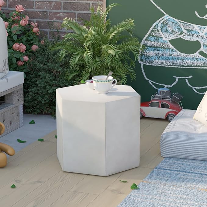 COSIEST Concrete Accent Table, Hexagon Patio Side Table 14.5''Wx12''H, Modular Design Indoor Outdoor End Table, Light Grey