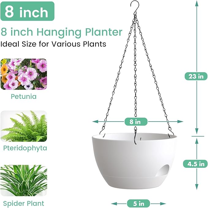 4 Pack 8 Inch Self Watering Hanging Planters for Indoor Outdoor Plants，Hanging Pots for Plants with Drainage Removable Tray, Hanging Baskets Flower Pots for Ivy Pothos Spider Garden Porch White