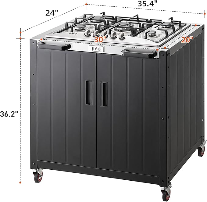 Gas Grill, Movable Outdoor Gas Stove Stainless Steel Top with Cabinet, 5 Burners with 36,200 BTUs, Outdoor Propane Grill for Outdoor Cooking, Ideal for Lawn & Garden, L35.4 x W24