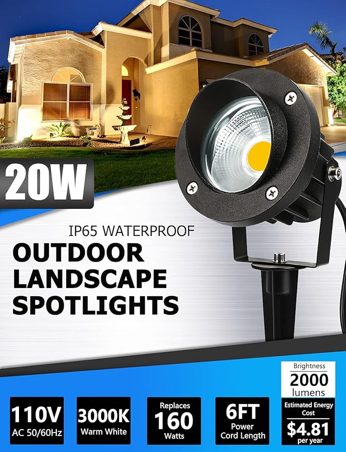 SUNVIE 20W Outdoor Spotlight LED Landscape Lighting 120V AC Waterproof Yard Spot Lights Outdoor with Stake for Tree Flag Lights 3000K Ultra Warm White Lawn Decorative Lamp with US 3-Plug in (2 Pack)