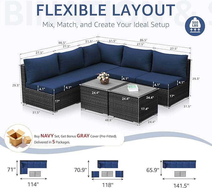 NICESOUL 7 Piece High-End Outdoor Furniture Sofa Set, 29.3'' High Back XL Large Grey Wicker Patio Modular Sectional with Side Tables, All-Weather Couches for Backyard Deck, 2 Color Cushion Navy & Grey