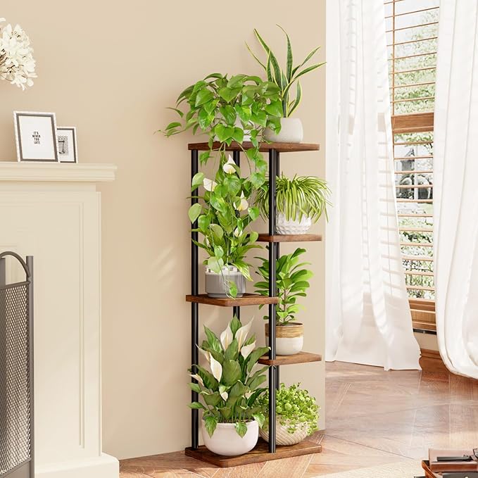 Bamworld Corner Plant Stand Indoor, 5 Tier Metal Plant Shelf for Multiple Plants, Tiered Flower Pot Stands for Patio Garden Balcony Living Room Bedroom, Brown