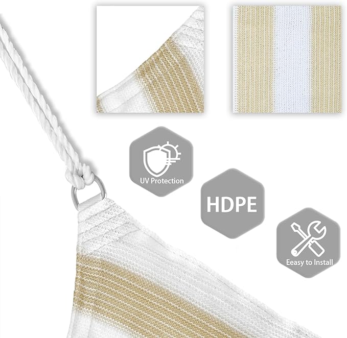 Patio Paradise 28' x 28' x 28' Sun Shade Sail Triangle Canopy Shade Cloth Fabric Sunlight Block Patio Pergola Cover HDPE Deck Awning for Outdoor Backyard Roof Shading, Beige White Strip