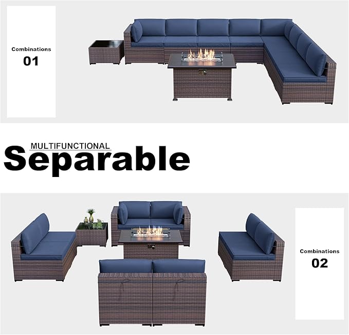 Kullavik 10 Pieces Outdoor Patio Furniture Set with 43" 55000BTU Gas Propane Fire Pit Table PE Wicker Rattan Sectional Sofa Patio Conversation Sets,Navy Blue