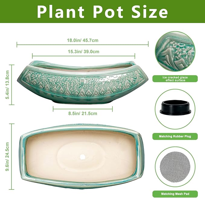 Bonsai Tree Pot - 18 Inch Ceramic Succulent Pots for Indoor Outdoor, Large Bonsai Planter with Drainage Hole, Ceramic Flower Pot, Decorative Planter, Gifts for Plant Lovers, Room Decor, Green