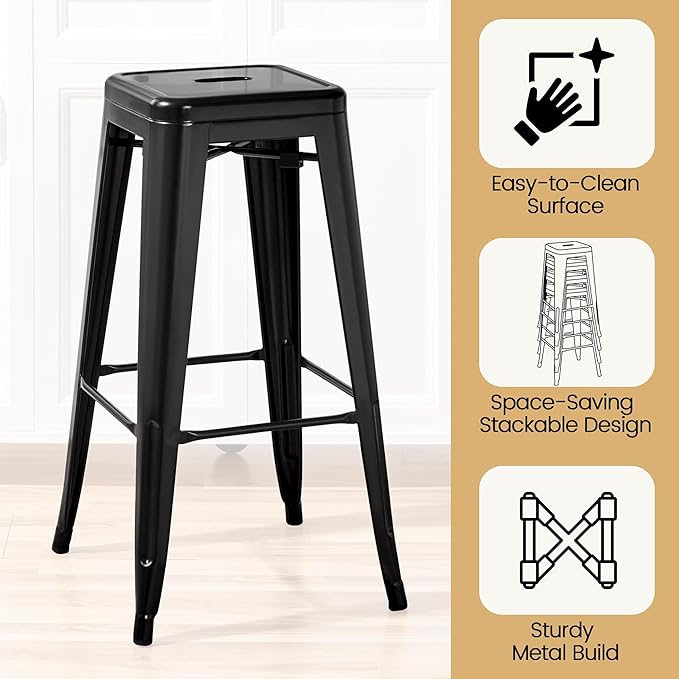 Yaheetech 30 Inch Metal Bar Stools Set of 4, Bar Height Backless Bartools, Industrial Stackable Bar Chairs with Footrest for Kitchen/Dining Room/Bistro/Patio, Black