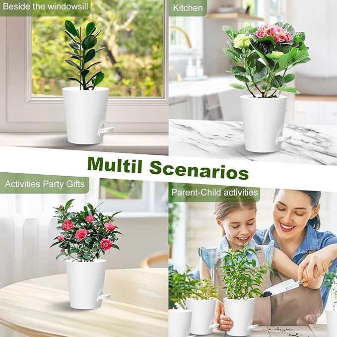 Self Watering Pots, 4 inch Flower Pots with Multi Mesh Drainage Holes, Small Platic Planters for Indoor Outdoor Garden Plants and Flowers (White, 4")