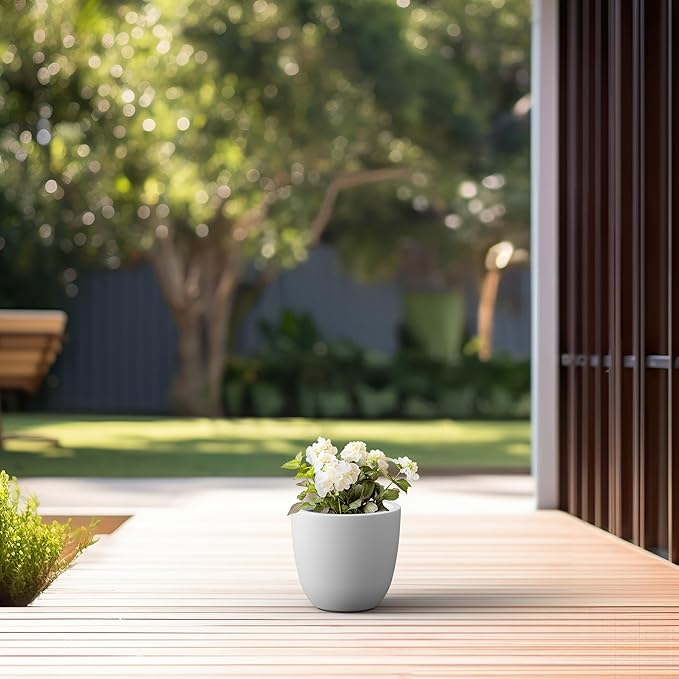 Kante 10 Inch Dia Round Concrete Planter, Indoor Outdoor Large Plant Pot with Drainage Hole and Rubber Plug for Home Patio Garden, Pure White