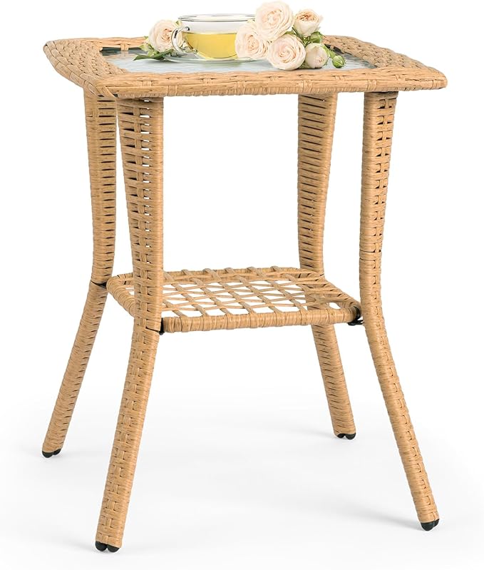 VINGLI Outdoor Side Table with Storage Wicker Patio Side Table, Tempered Glass Top End Table for Balcony Porch Deck (Beige)