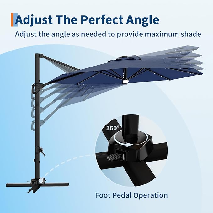 Garvee 10 ft Cantilever Patio Umbrella with Solar Lights, 360° Rotation Offset Umbrella, Easy Crank & Tilt Adjustment, UV Protection for Backyard, Poolside, Deck -Navy Blue