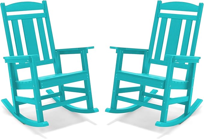 LUE BONA Outdoor Rocking Chairs Set of 4, HDPS Porch Rocker with High Back, Plastic Weather Resistant Rocking Chairs for Outdoor Indoor, Garden, Backyard, 350lb, Aruba Blue