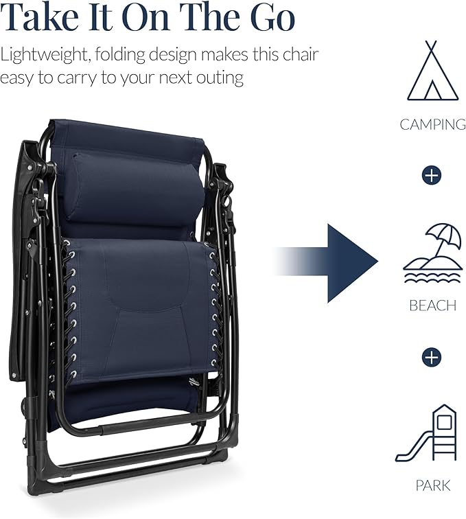 Best Choice Products Oversized Padded Zero Gravity Chair, Folding Outdoor Patio Recliner, XL Anti Gravity Lounger for Backyard w/Headrest, Cup Holder, Side Tray, Polyester Mesh - Navy Blue