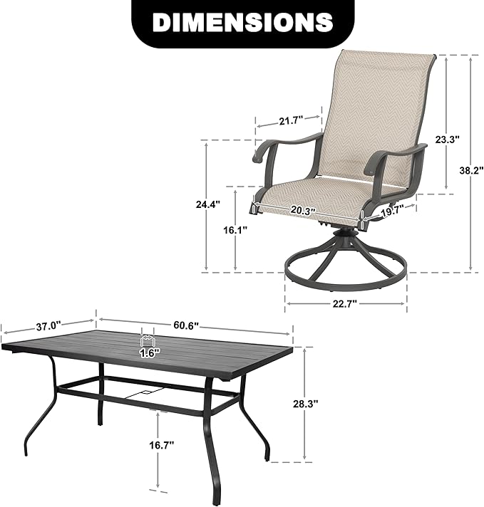 NUU GARDEN 7-Piece Outdoor Dining Set for 6, 61'' x 37'' Rectangle Metal Table with Umbrella Hole & 6PCS Textilene Swivel Chairs, All-Weather Patio Outdoor Furniture for Porch Backyard Garden Poolside