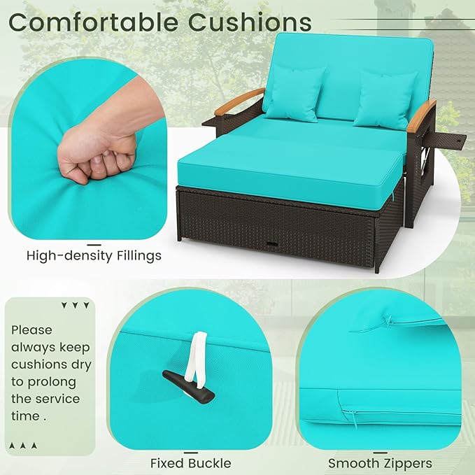 Tangkula Patio Rattan Daybed with 4-Level Adjustable Backrest, Outdoor Wicker Loveseat with Acacia Wood Armrest, Storage Ottoman & Folding Tray, Double Sunbed for Balcony, Yard & Poolside (Turquoise)