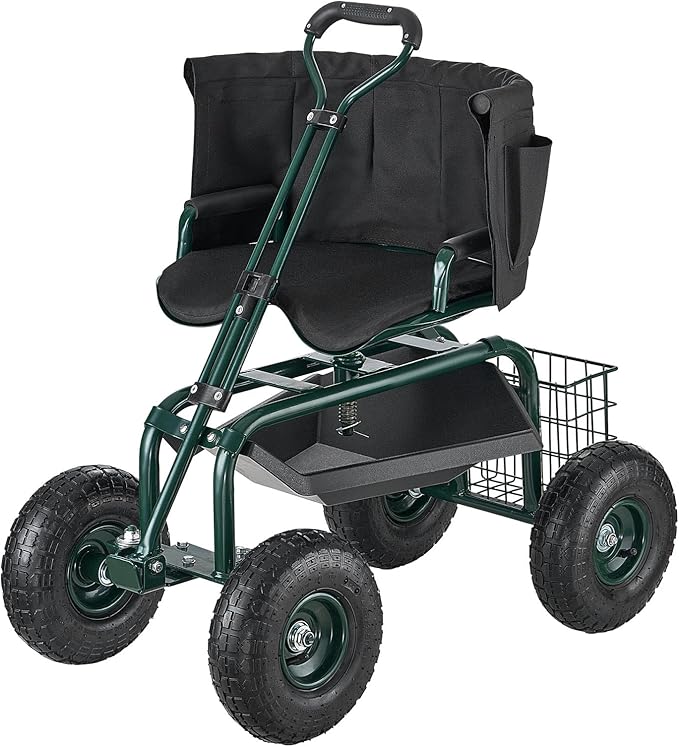VEVOR Garden Seat with Wheels, Rolling Garden Stool with Height Adjustable & 360° Swivel Seat, 400lbs Weight Capacity, Gardening Cart Bench, Ergonomic Backrest & Tool Storage, for Yard, Patio