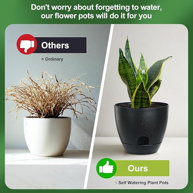 Self Watering Pots Set, 5 Pack 6 Inch Self Watering Pots for Indoor Outdoor Plants, Plastic Planter with Drainage Holes and Deep Reservoir for African Violet, Spider, Orchid