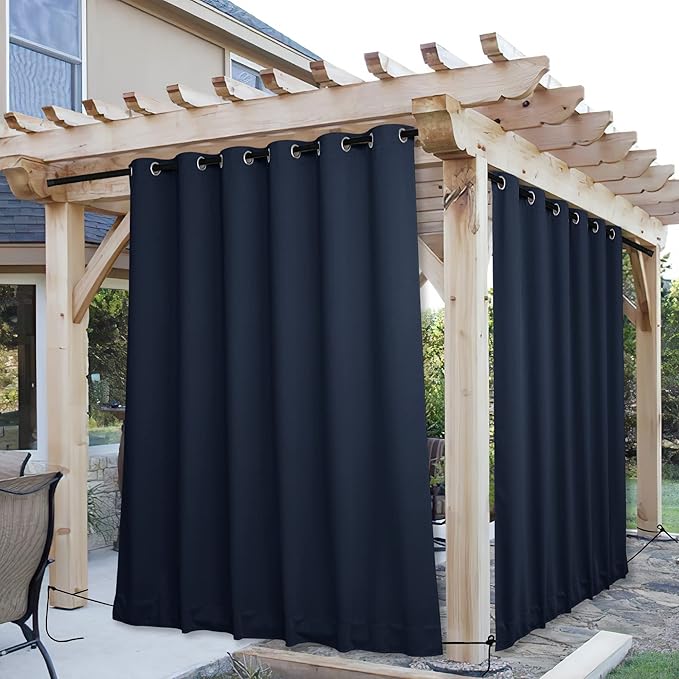 NICETOWN 2 Panels Outdoor Curtains for Patio Waterproof & Windproof, Thermal Insulated Top & Bottom Grommet & Back Tab Light Block Outdoor Drapes with Bouns Rope for Fixed, Navy Blue, W84 by L95