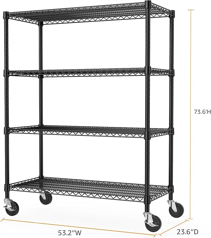 53" W Storage Shelves 1760LBS 4 Tier Metal Shelving Unit with Wheels Heavy Duty Garage Shelving Adjustable Wire Shelves for Pantry,Kitchen,Garage,Basement,Black 23.6" D x 53.2" W x 73.6" H