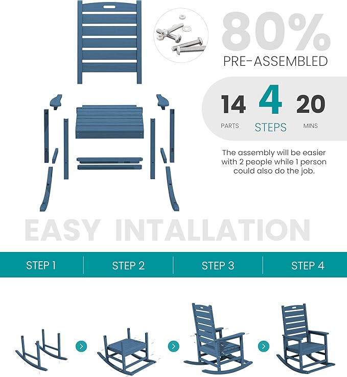 SERWALL Oversized Outdoor Rocking Chair, HDPE Patio Rocking Chair with Footrest for Adults, All Weather Porch Rocker for Deck Patio Balcony, Navy