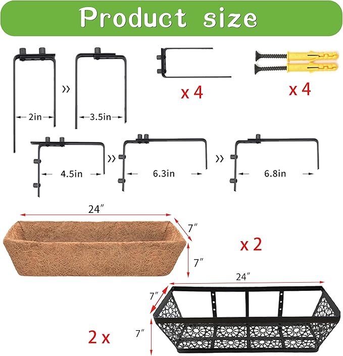 2 Pack 30" Railing Planter Window Box Deck Balcony Rail Planters Black Metal Flower Basket Horse Trough Planter with Coco Fiber Liner for Porch Fence Patio Outdoor
