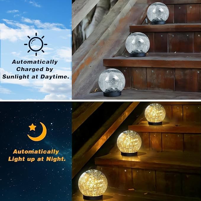 Solar Garden Lights Outdoor Waterproof, 4 Pack 30 LEDs Cracked Glass Ball Light, Ground Landscape Garden Decor, Solar Globe Decorative for Pathway/Patio/Lawn/Yard (Warm White, 3.9")