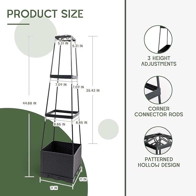 GENMOUS 3 Tiered Tomato Planter with Trellis for Small Climbing Vegetables Plants, 45” Raised Garden Bed Planter Box Tomato Cage Tomato Planters for Patio Indoor Outdoor Vegetables Growing Plants