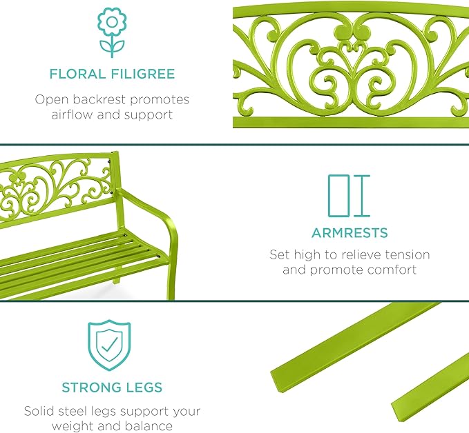 Best Choice Products Outdoor Bench Steel Garden Patio Porch Furniture for Lawn, Park, Deck w/Floral Design Backrest, Slatted Seat - Lime Green