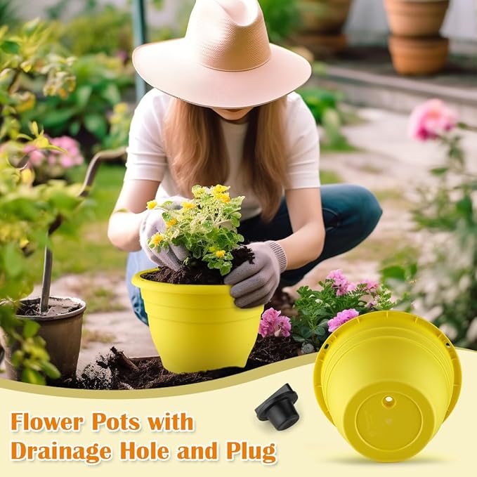 11 Inch Plant Pots Set of 3,Plastic Planters with Drainage Holes & Removable Plugs,Indoor Outdoor Flower Pots for Plants,Herbs, Succulents,Durable Lightweight(Yellow)