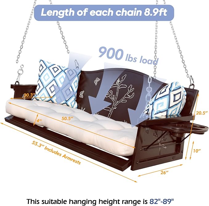 3-Seat Metal Porch Swing 900 LBS Heavy Duty Hanging Bench with Upgraded Tray & Cushions Rust-Resistant Finish Swing Chair with 8.9FT Chains for Patio Lawn Garden