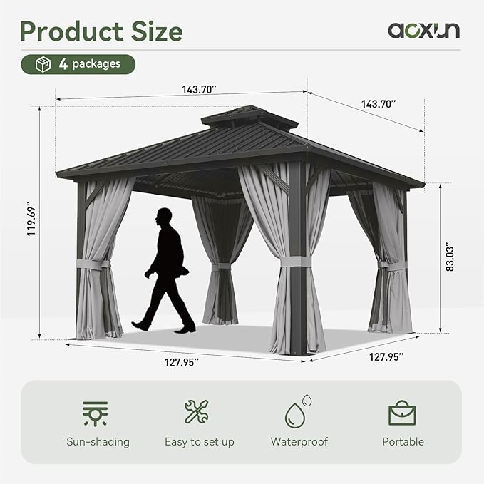 Aoxun 12'x12' Hardtop Gazebo, Aluminum Frame Canopy with Double Galvanized Steel Roof, Outdoor Metal Pavilion with Netting, Curtains for Backyard, Patio and Deck