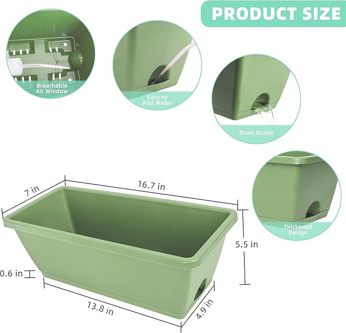 Window Box Planter, 12 Pack Plastic Vegetable Flower Planters Boxes 17 Inches Rectangular Flower Pots with Saucers for Indoor Outdoor Garden, Patio, Home Decor (Brick RED) (Aqua)