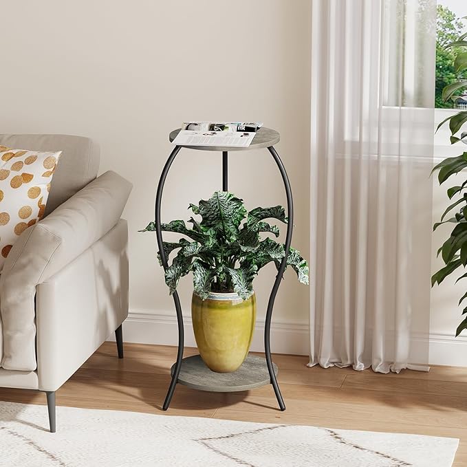 Plant Stand Indoor, 2 Tier Round Tall Plant Stand, Flower Pot Stand, Plant Shelf Rack, Corner Plant Stand for Planter Garden Balcony Patio Living Room (Grey-Wood, 2 Tier)