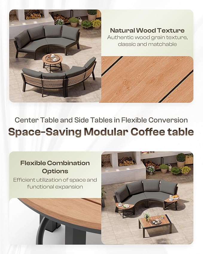Outdoor Aluminum Patio Furniture Set, 7 Piece Curved Outdoor Sectional Sofas with Coffee Table, PE Rope Patio Conversation Sets, All-Weather Patio Couch Sets with Cushions, Graphite