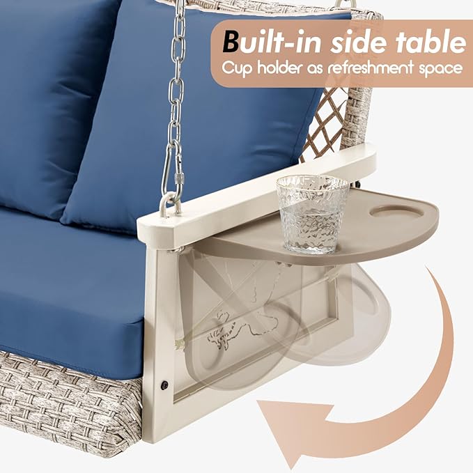 Upgraded Wicker Hanging Porch Swing Heavy Duty 900 LBS 3-Seat Outdoor Patio Swing Chair Bench for Adult w/ 8.9ft Hanging Chains Cushions and Cup Holder(Grey/Blue)