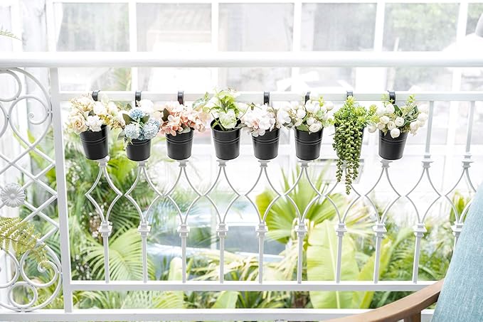 Dahey 10 Pcs Small Hanging Flower Pots Metal Iron Bucket Planter for Railing Fence Balcony Garden Home Decoration Flower Holders with Detachable Hooks, Black, 4 Inches