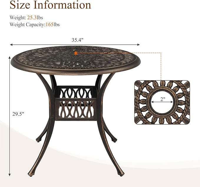 VINGLI 35.4' Dia Patio Dining Table with Umbrella Hole, Cast Aluminum Bistro Table for Outdoor Garden Use (35.4' Dia x 29.5' H)