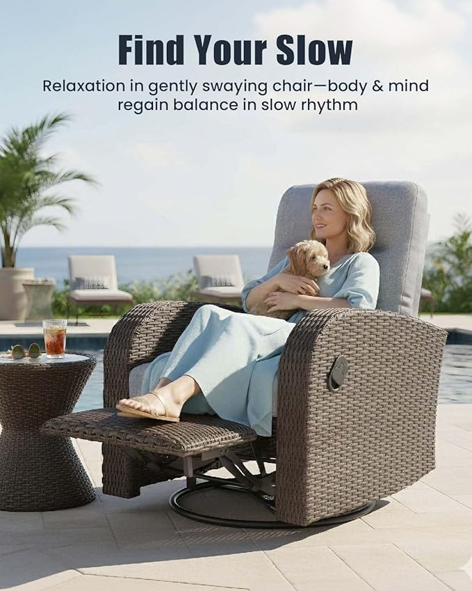 Outdoor Swivel Recliner Chair Set of 2, All-Weather Wicker Reclining Patio Chair with Adjustable Backrest and Footrest