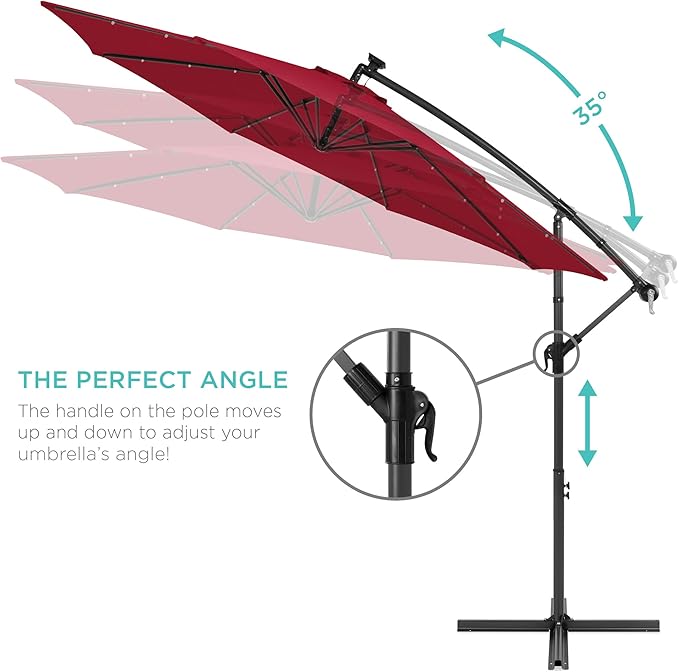 Best Choice Products 10ft Solar LED Offset Cantilever Hanging Market Patio Umbrella, 8 Sturdy Ribs, Easy Adjustment - Burgundy