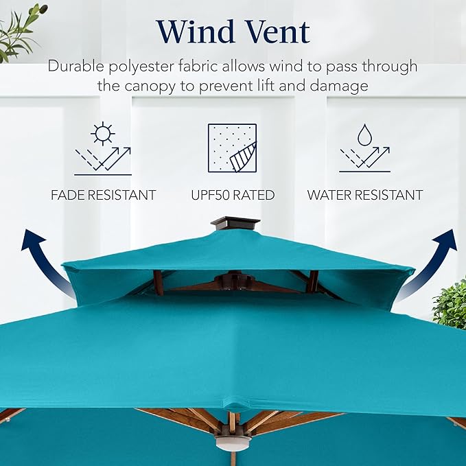 Best Choice Products 10ft Square Cantilever Patio Umbrella w/Base Included, Woodgrain Pattern Pole & Solar LED Lights, 360-Rotation, Offset Hanging Outdoor Shade - Cerulean