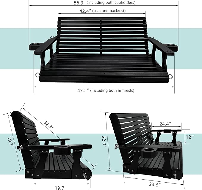 Wooden Porch Swing 2-Seater, High Backrest and Deep Seat, Bench Swing with Cupholders, Hanging Chains and 7mm Springs, Heavy Duty 880 LBS, for Outdoor Patio Garden (Carbon Black - 4 FT Extra Large)