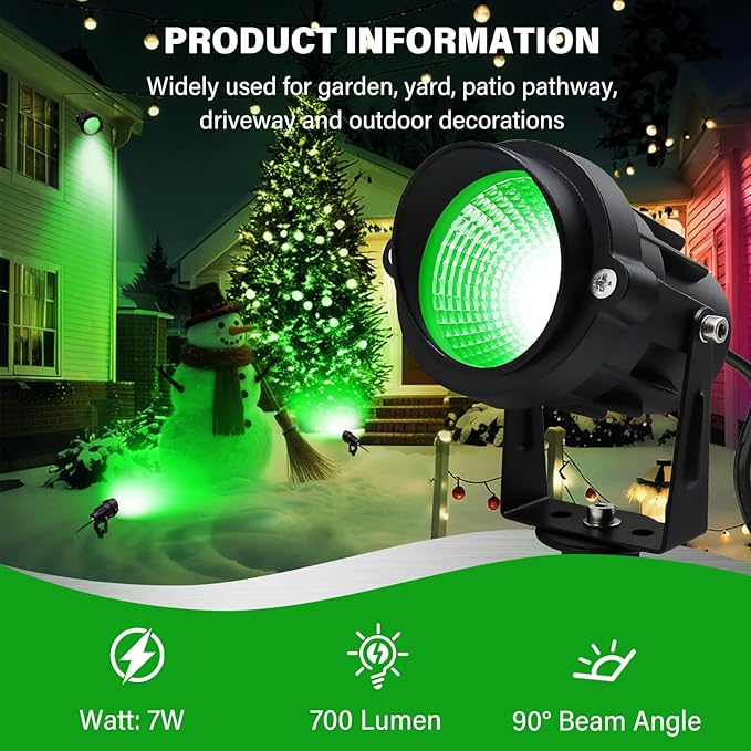Green Outdoor LED Spot Lights for Yard & Garden – 12W Landscape Lighting, Christmas & Holiday Decor, Adjustable Beam,4Pack