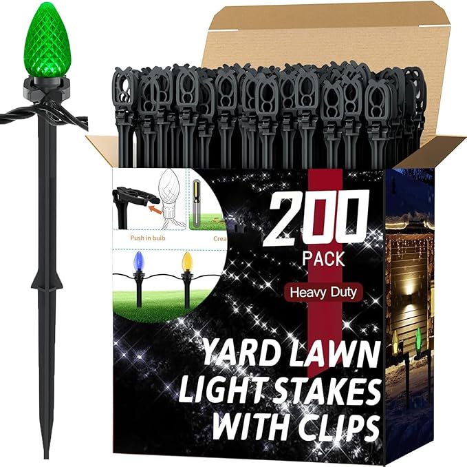 200 Pack Christmas Light Stakes 8.5"-10" for C7 and C9 String Lights,Outdoor Light Stakes,Yard Stakes,Garden,Lawn,Pathway, Patio, Path, Walkway, Christmas Decoration