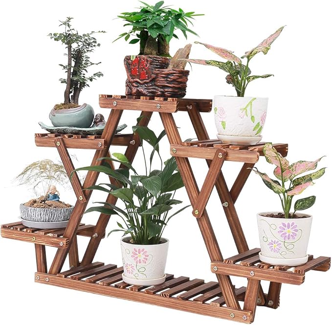 Wood Plant Stand Indoor, 6 Tiered Plant Shelf for Multiple Plants RackTriangle , A Shape Corner Flower Pot Holder for Windowsill Patio Balcony Garden Living Room (Retro,Wooden)