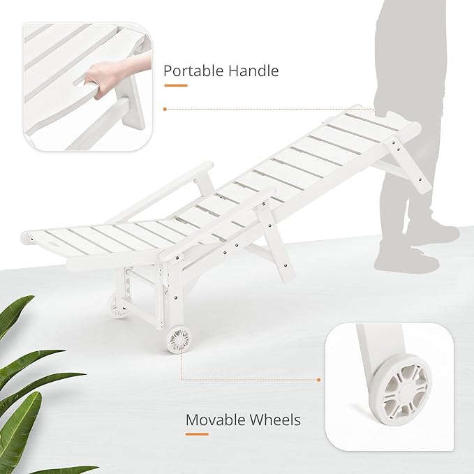 LUE BONA Chaise Lounge Chair with Table, 3-Piece, HDPS Chaise Lounger, 5 Positions Adjustable Lounge Chairs, Pool Lounge Chair with Wheels for Poolside, Backyard, White