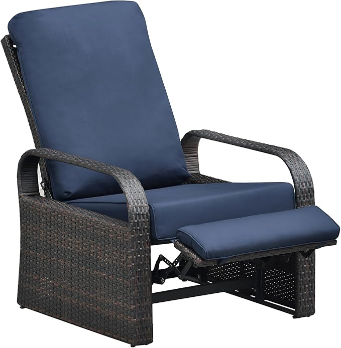 Art to Real Outdoor Wicker Recliner Chair with 5.5'' Cushions, Automatic Adjustable Patio Lounge Chairs, Aluminum Frame Reclining Chair for Lawn Backyard Porch Poolside Deck(Navy Blue)