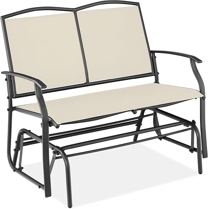Best Choice Products 2-Person Outdoor Patio Swing Glider Steel Bench Loveseat Rocker for Deck, Porch w/Textilene Fabric, Steel Frame - Ivory/Gray