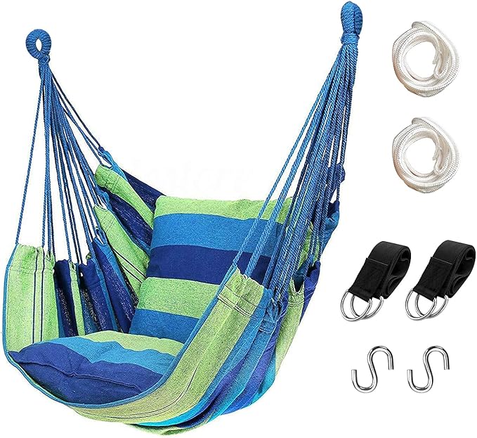 Hommtina Hammock Chair Hanging Rope Swing, Max 300 Lbs Hanging Chair with Pocket & Durability Perfect for Outdoor, Home, Bedroom, Patio, Yard (Pillows NOT Included,Green)