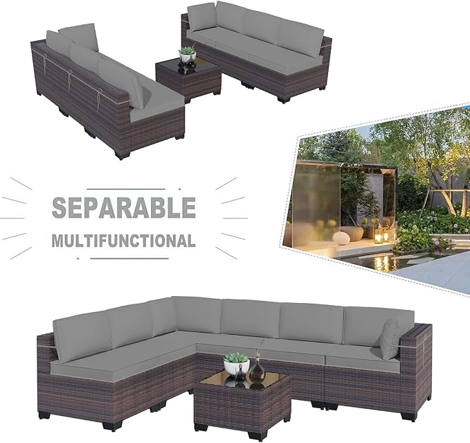 Kullavik 7 Pieces Outdoor Patio Furniture Set PE Wicker Rattan Sectional Sofa Patio Conversation Sets,Grey