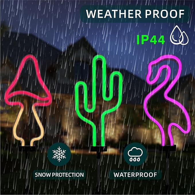 Flamingo Cactus and Mushroom Solar Garden Stake Lights Outdoor Waterproof Neon Lights Decoration,Outdoor Solar Pink Flamingos Lights for Outside,Yard,Pathways,Patio, Lawn or Landscaping Decor(3pcs)